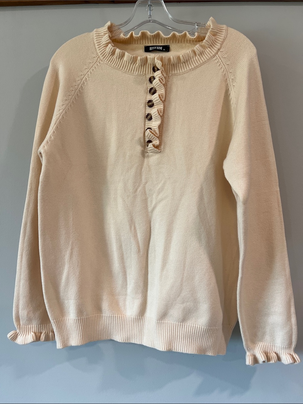 BTFMB - xl, Cream Ruffle Henley Sweater - cottage, minimalist, coastal